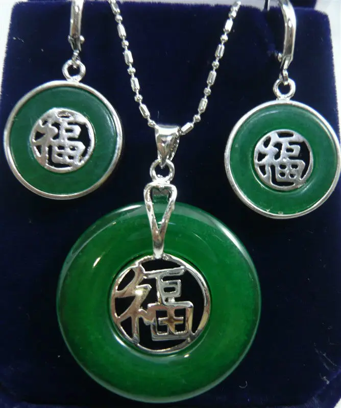

beautiful silver plate jade FU pendant necklace Earrings set AAA gold plated watch Quartz stone crystal