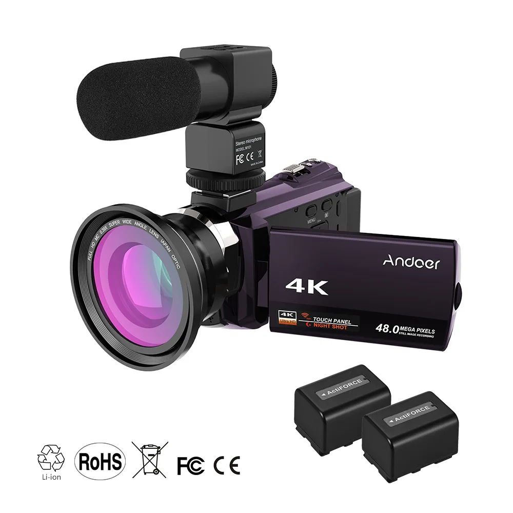 Andoer 4K 1080P 48MP WiFi Профессиональная цифровая видеокамера регистратор с 16X цифровым зумом 0.39X широкоугольный Макро - Цвет: coffee 2pcs batterie