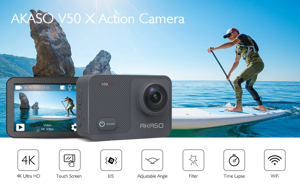 AKASO WiFi Экшн-камера V50X NIC 4K30fps с сенсорным экраном EIS регулируемый угол обзора 131 футов водонепроницаемая Спортивная камера