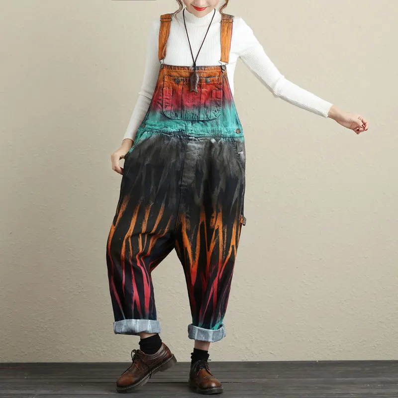 Женский винтажный комбинезон свободный джинсовый с принтом|denim jumpsuit|overall jumpsuitprint