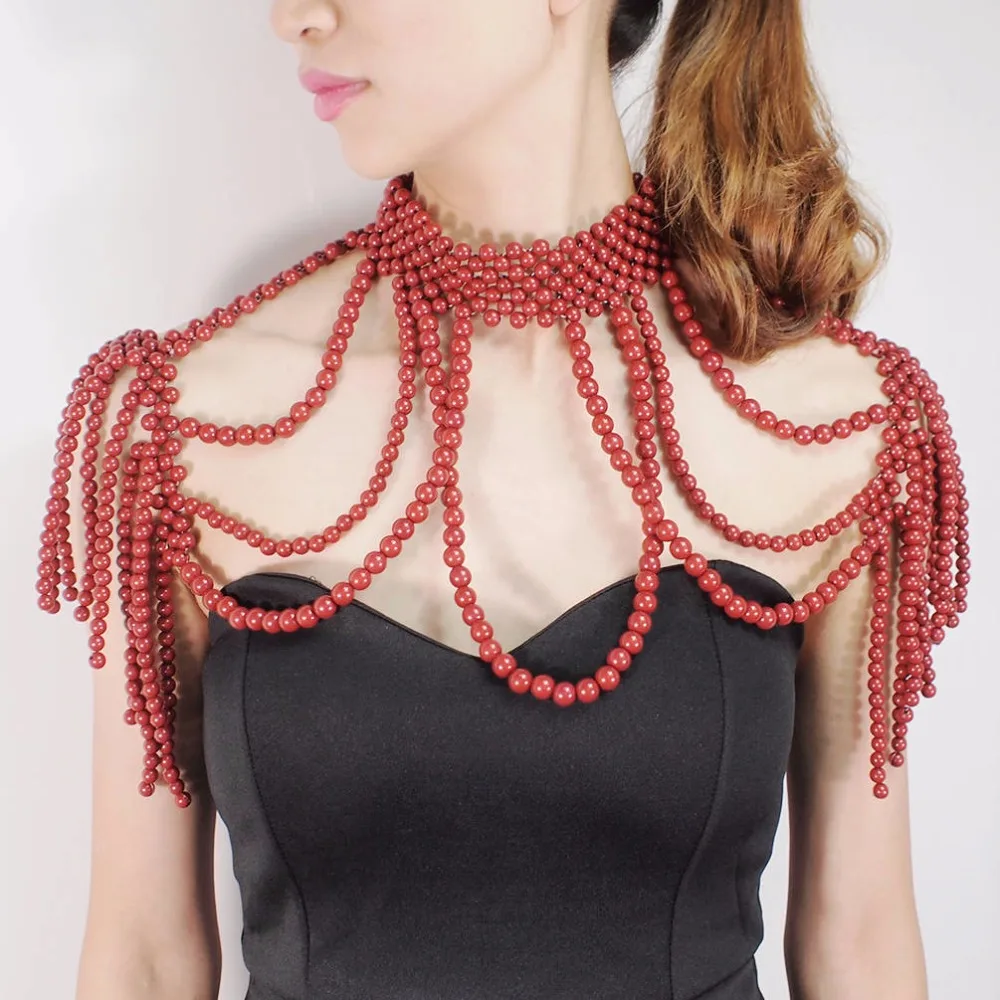 Red Necklace Имитация жемчуга, цепочка на плечо, многослойные массивные ожерелья с бусинами, подвески, цепь для тела, женские вечерние ювелирные изделия, UKEN - Окраска металла: Red Necklace