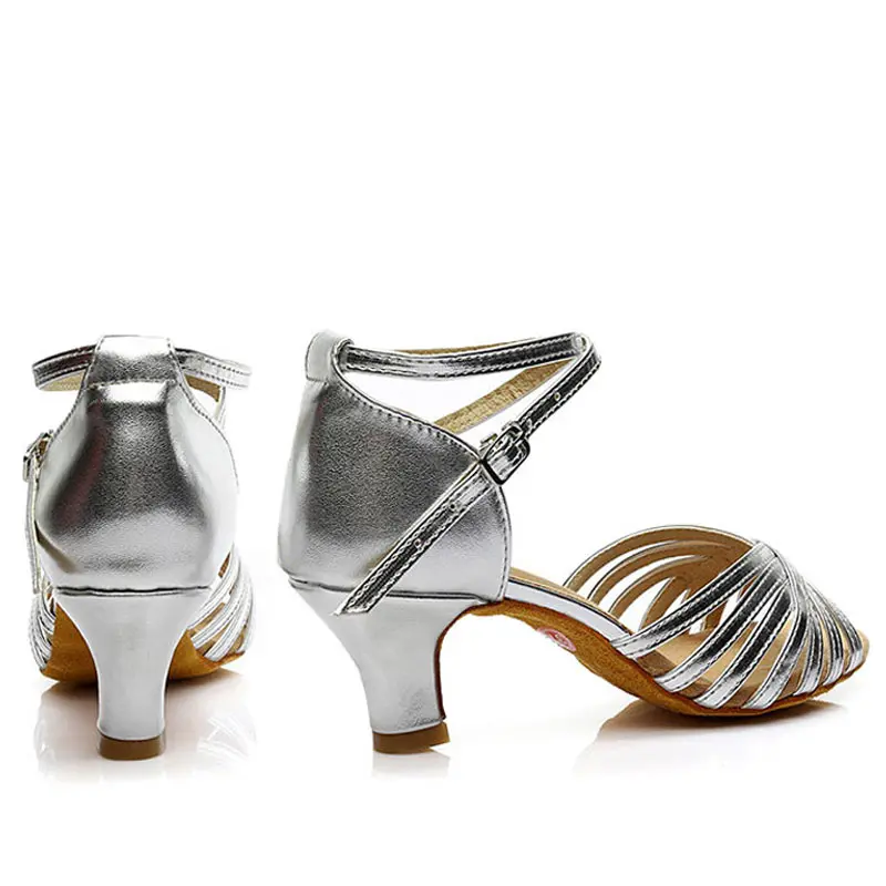 PU Latin Dance Shoes Women Salsa Tango Dancing Shoes Ladies Gold Sliver Soft 5 7cm High Heeled Ballroom Exercise Woman's Sandals