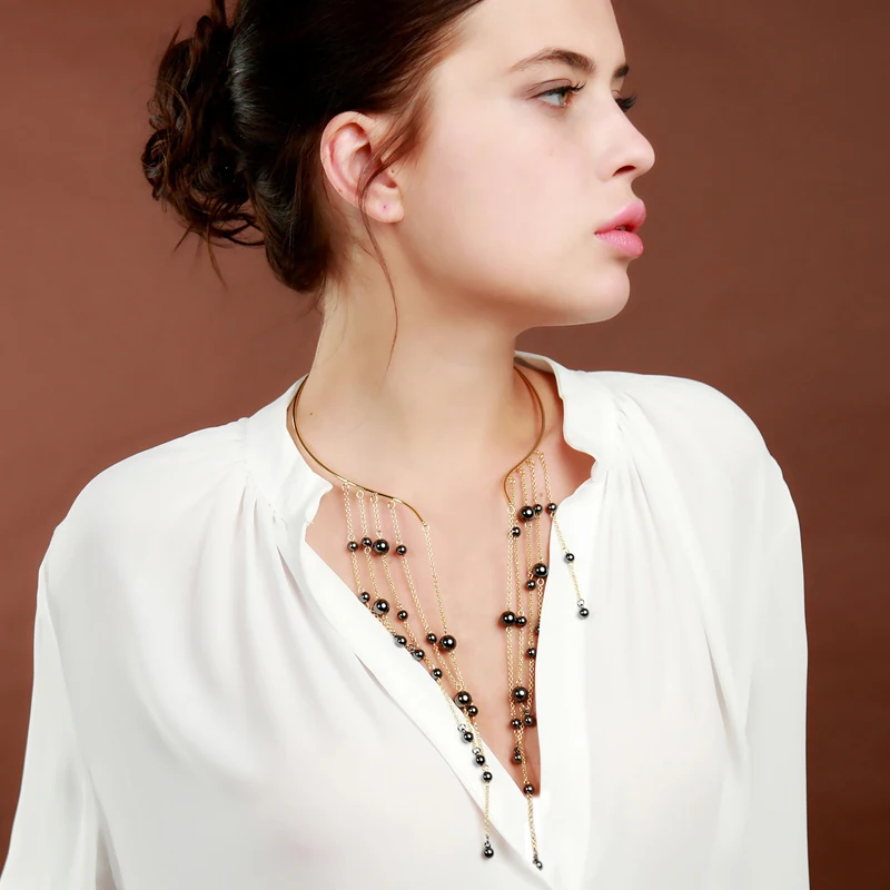 Uer CCB Beads Link Chain Fringe Tassel Torque Necklace for Women Trendy Party Brand Jewelry | Украшения и аксессуары