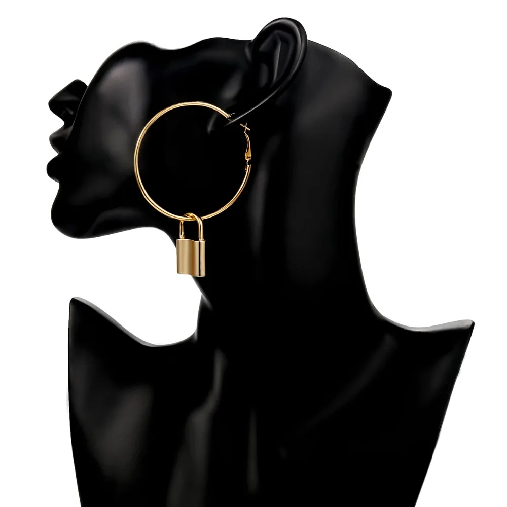 

IngeSight.Z Punk Exaggerated Geometric Big Round Circle Hoop Earrings Statement Lock Earrings for Women Jewelry Accessories