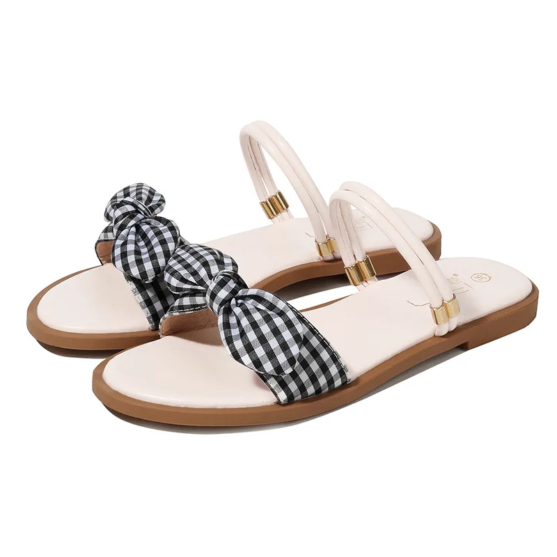 2-ways sandals summer women shoes plus size lattice cloth bowtie open toe slippers brief slingback ladies flats slides flipflops | Обувь