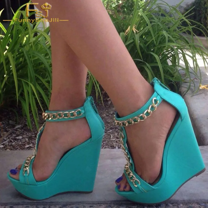 

Cyan Open Toe Wedge Heels T-strap Platform Ankle Wrap Sandals With Chain Summer Date Sweet Shoes Woman 2021 Big US Size 16 FSJ