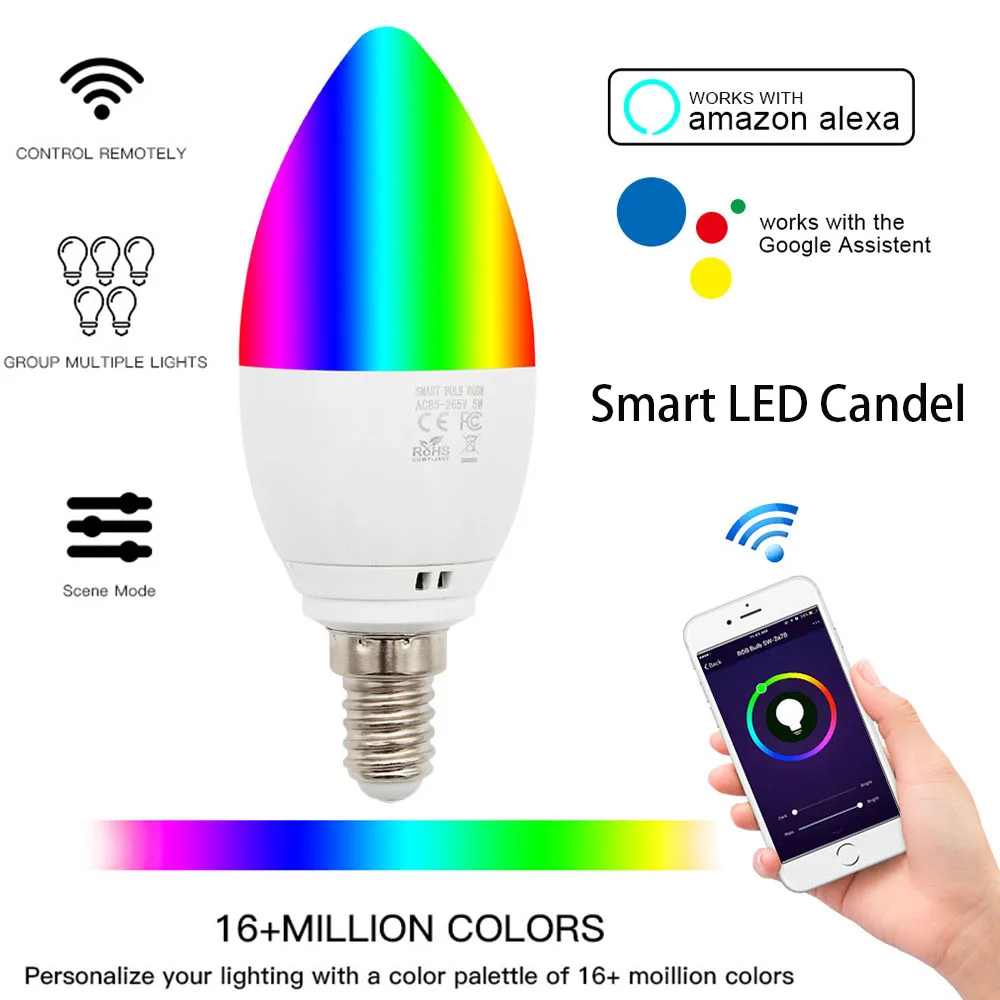 Умная лампа-свеча с Wi-Fi E14/E27, RGB лампа, поддержка Alexa/Google Home/IFTTT, умный динамик, голосовое управление, 5 Вт, светодиодная подсветка, украшение