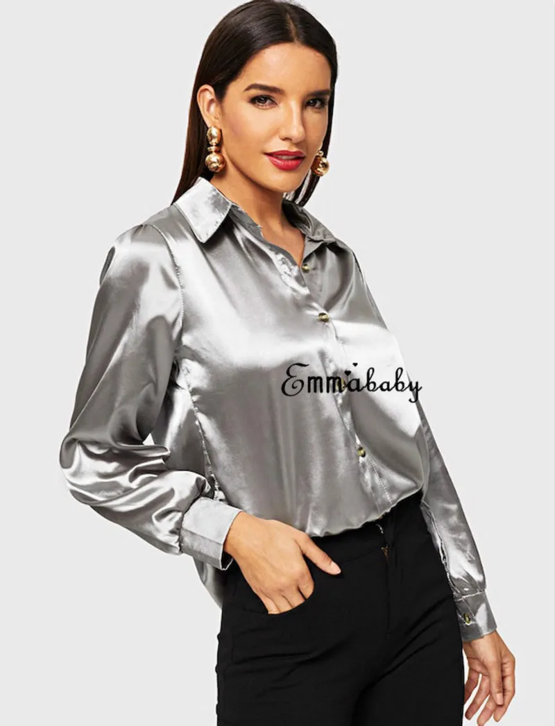 2019 модная летняя повседневная женская блузка атласное с длинными рукавами