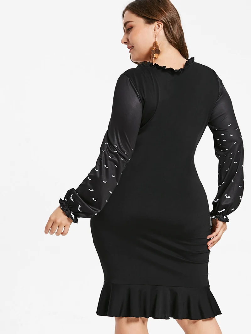 Плюс размера плюс 5XL винтажное платье с принтом летучей мыши длинным рукавом