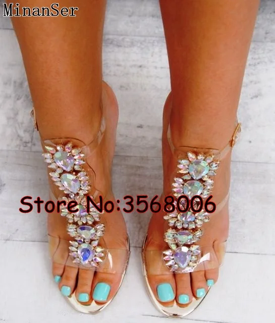 Летние блестящие сандалии стразы для девушек Украшенные открытым носком из ПВХ