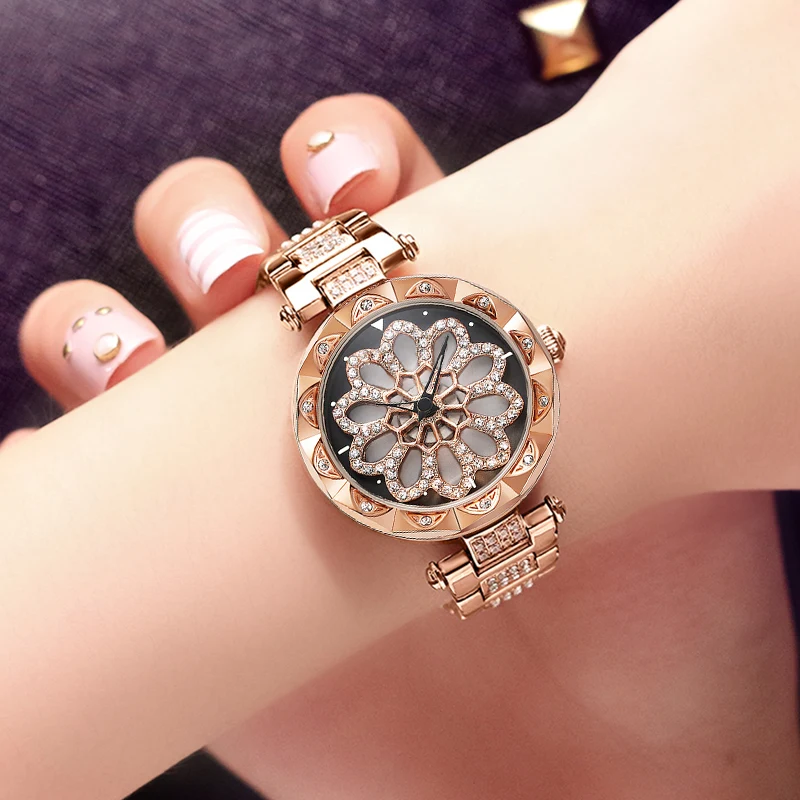 2020 розовое золото женские часы со стразами люксовый бренд вращающийся Алмазный