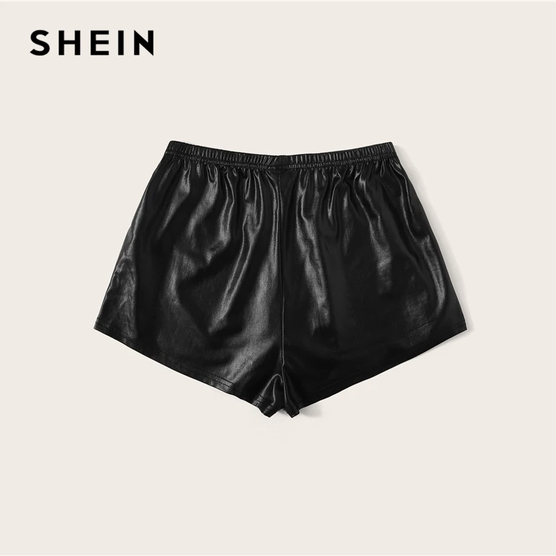 SHEIN однотонные шорты из искусственной кожи с завязками на талии, женская одежда, женские Гламурные Серебристые летние шорты с эластичной талией