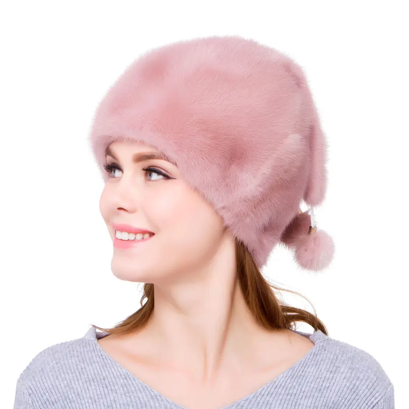 Winter Female Hat Mink Makes Real Fur Hooded Beautiful Fashion Beanies Cap 2022 New High Quality