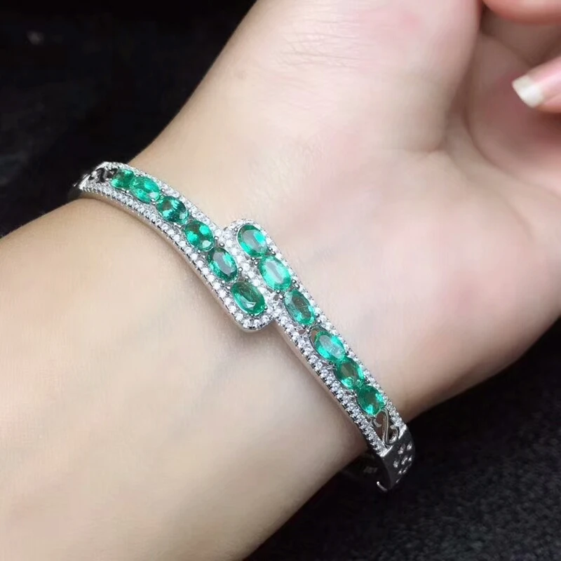 

[MeiBaPJ]Real Natural Emerald Gemstone Bracelet 925 Sterling Silver Green Stone Bangle for Women Fine Wedding Jewelry