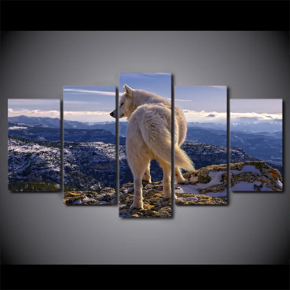 Дропшиппинг Печатный HD 5 частей полотено Картины Дикое белое волк Природа Гора Картины для гостиной дом Декор на
