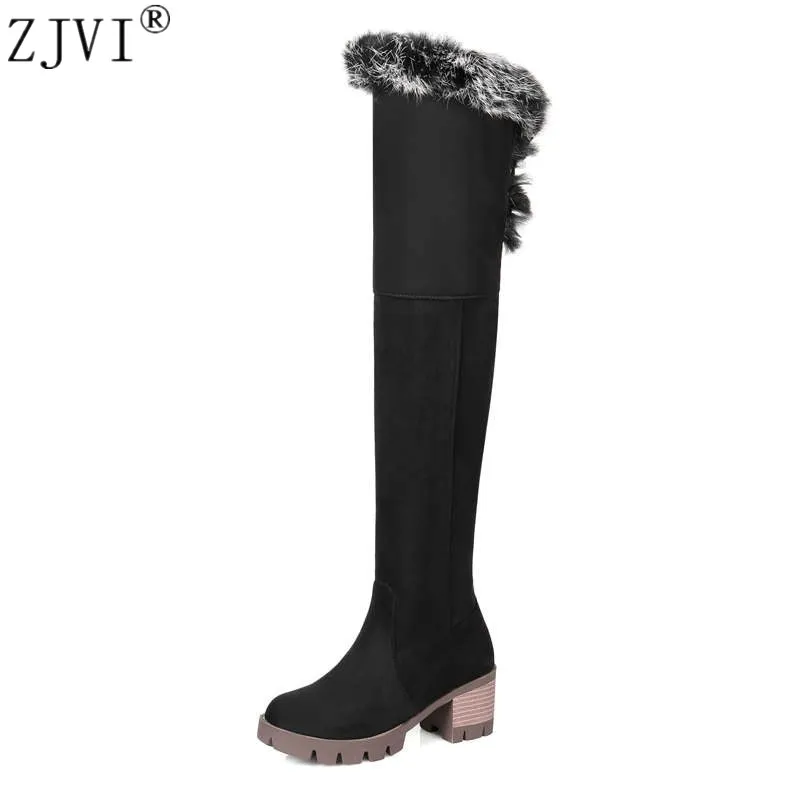 

ZJVI Woman Nubuck Winter Over The Knee Snow Boots 2022 Women Thigh High Boots Ladies Square Heels Thick Plush Warm Shoes Flock