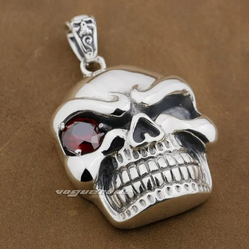 

925 Sterling Silver Huge Heavy Red CZ Stone Eye Skull Mens Biker Rocker Punk Pendant 9E003