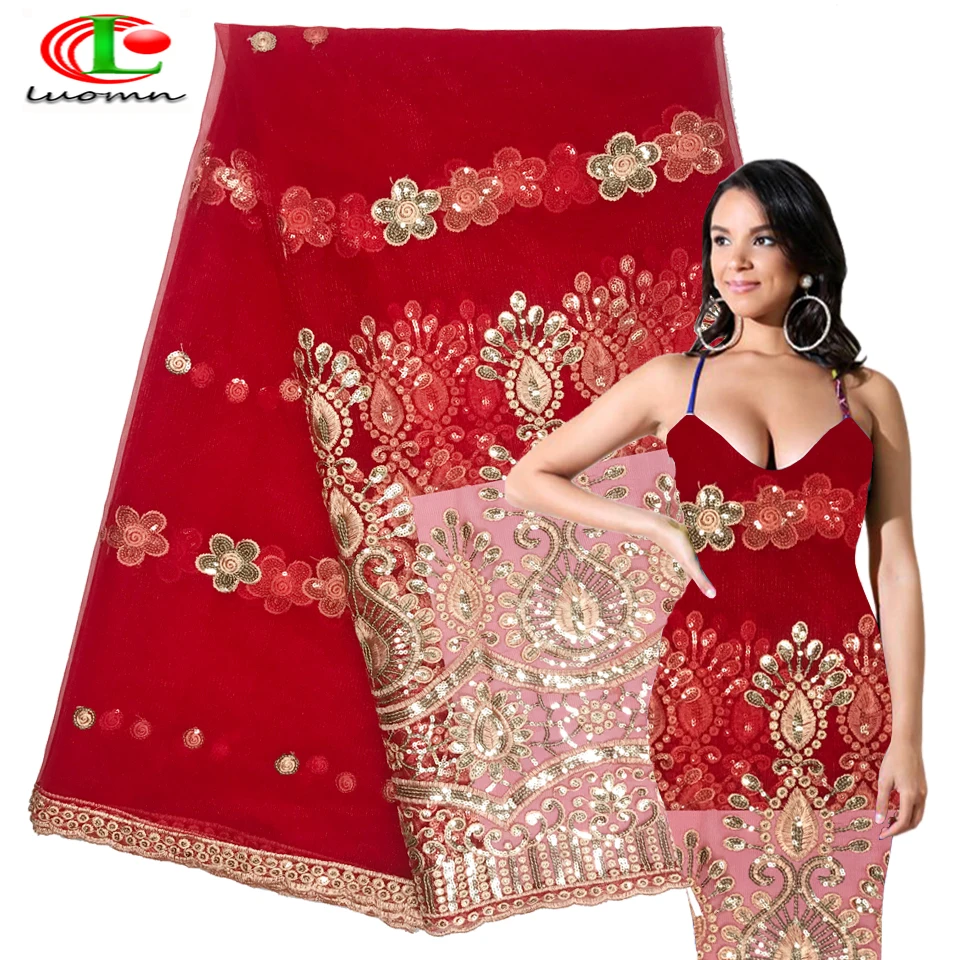 wholesale! red african lace fabric nigerian with sequins fabrics for wedding 2018 free shipping | Дом и сад
