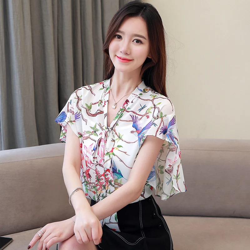 

2021 Fashion Short Sleeve Chiffon Blouse Women Tops and Blouse Plus Size V Collar Women Clothing tops women blusas 4148 50