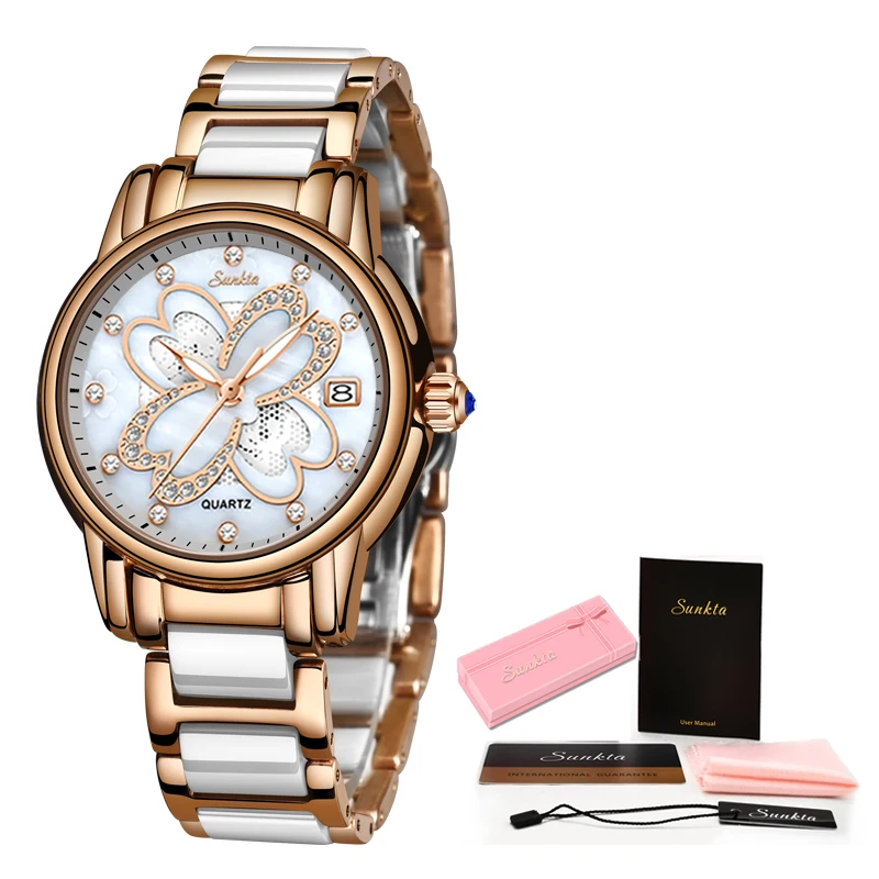SUNKTA новые женские часы креативные керамические с браслетом Montre Femme +