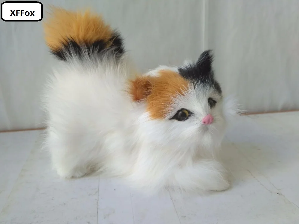 Симпатичная реальная жизнь, желтая и черная голова, модель кошки из пластика и пуха, имитация белого кота, подарок, около 12x5x10 см xf1262