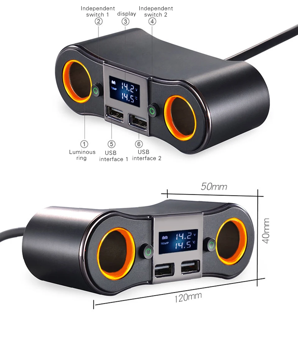 Автомобильное зарядное устройство AOSHIKE 3.5A с двумя usb-портами и 2 портами, автомобильные прикуриватели, 80 Вт, Поддержка питания, светодиодный дисплей, напряжение тока