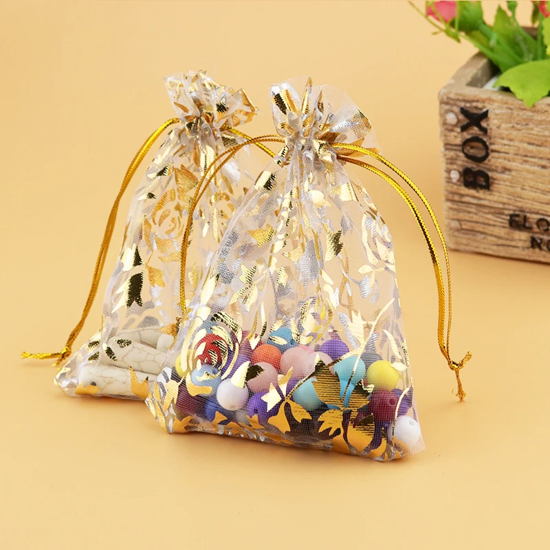 Wholesale White Organza Bag With Gold Rose Printed , 17x23cm Wedding Jewelry Packaging Pouches,Nice Gift Bags 500pcs/lot