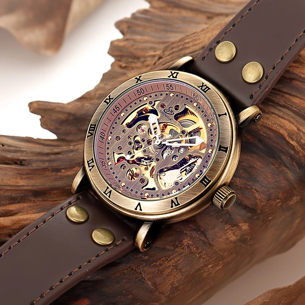 SHENHUA автоматические часы Античная бронза Скелет механические Montre Homme в ретро