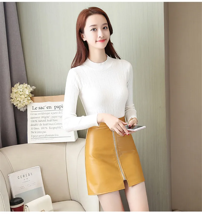Spring Summer Casual PU Leather Skirt Women Elegant Zipper Mini A-Line Skirt Lady Skinny High Waist Skirts - Цвет: Цвет: желтый
