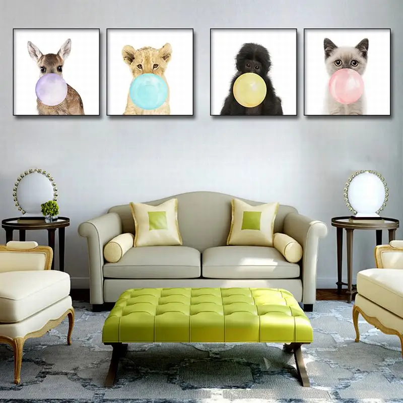 

Bubble Chewing Rabbit lion monkey kitten Animal Posters Canvas Wall Art Painting Nursery Decorative Picture Nordic Kids Decor