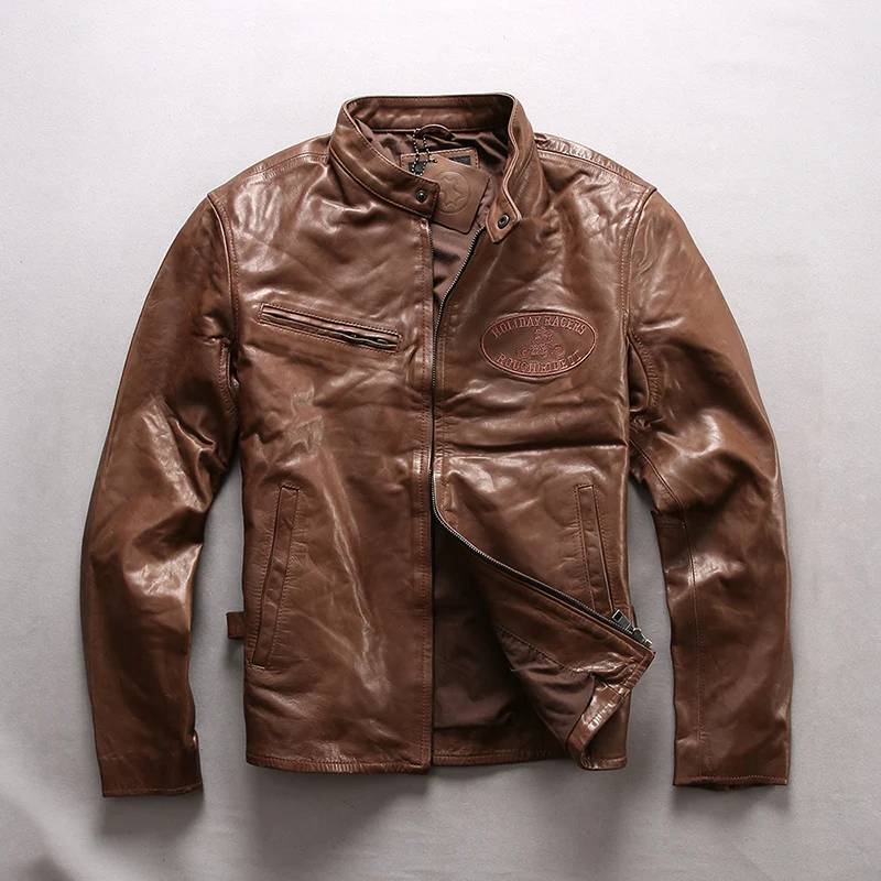 

Plus Size Brown Color Man Genuine Leather Jacket 100% Cow Skin,Slim Embroidery Leather Coat Free Shipping