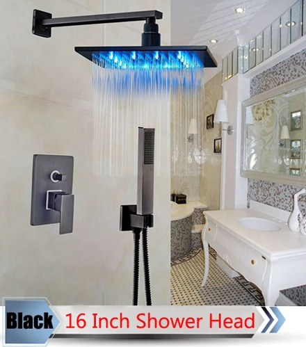 Black 16 inch Настенная насадка для душа со светодиодной подсветкой, смеситель с одной ручкой для ванной, хромированные смесители для душа, 3 способа, светодиодный смеситель - Цвет: Black 16 inch
