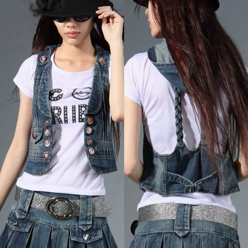 Джинсовый жилет женский пальто винтажный промытый без рукавов с капюшоном