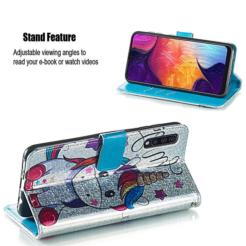 Кожаный чехол Wekays для samsung Galaxy A50 с изображением единорога из мультфильма, блестящий чехол для samsung Galaxy A10 A20 A30 A40 A40S A70, чехол