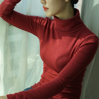 wine red Футболки Женские Водолазка с длинным рукавом 98% Хлопок Весна Осень Базовая футболка Женские топы размера плюс Harajuku футболки высокого качества - Цвет: wine red