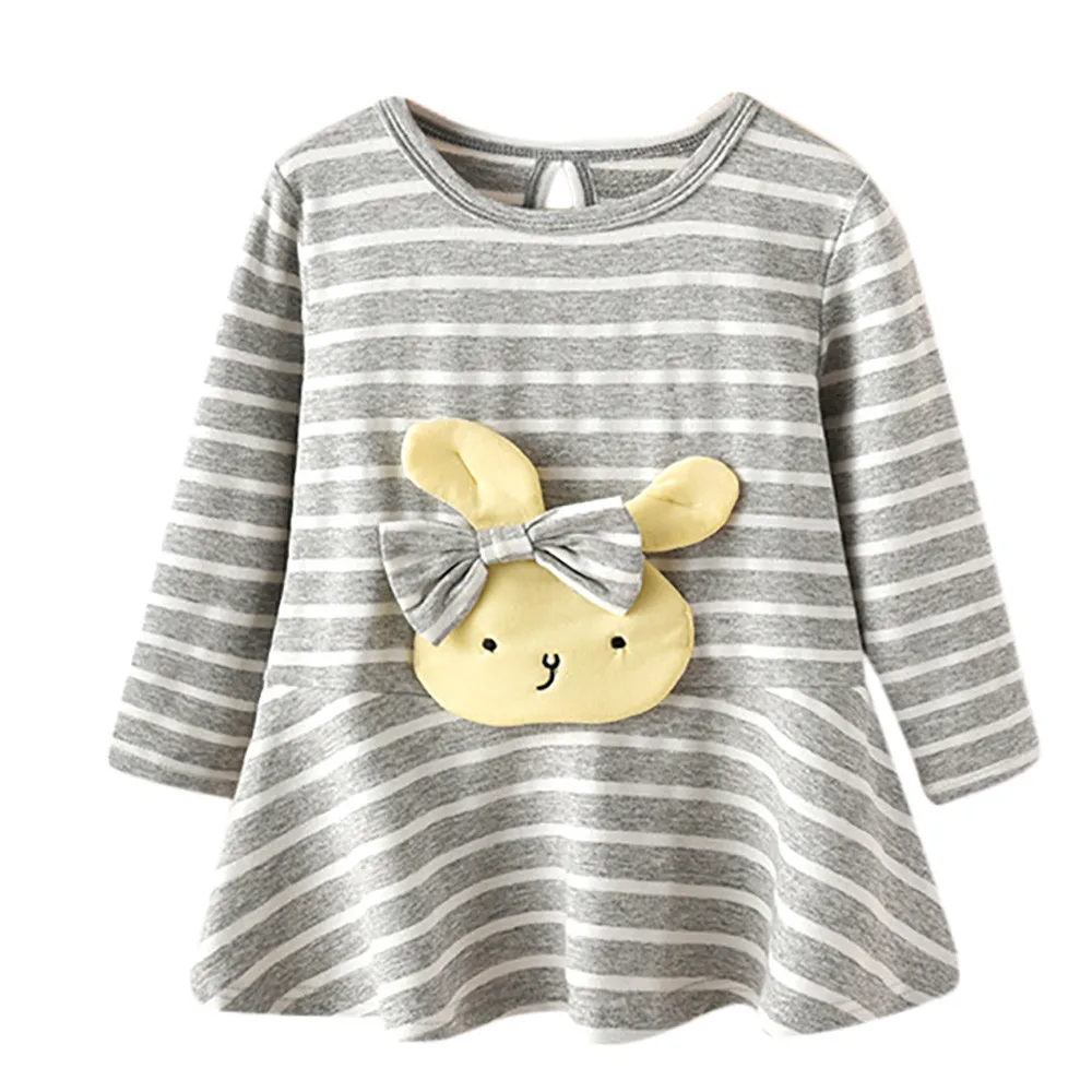 Toddler baby girls dress Long Sleeve Cartoon Striped Rabbit Bow Party Princess Dress clothes dropshipping | Детская одежда и обувь