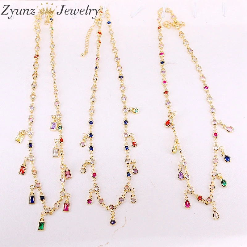 

5PCS, 2019 cz multi colors rainbow drop/square/oval/round dots choker statement women necklace gold color fashion jewelry