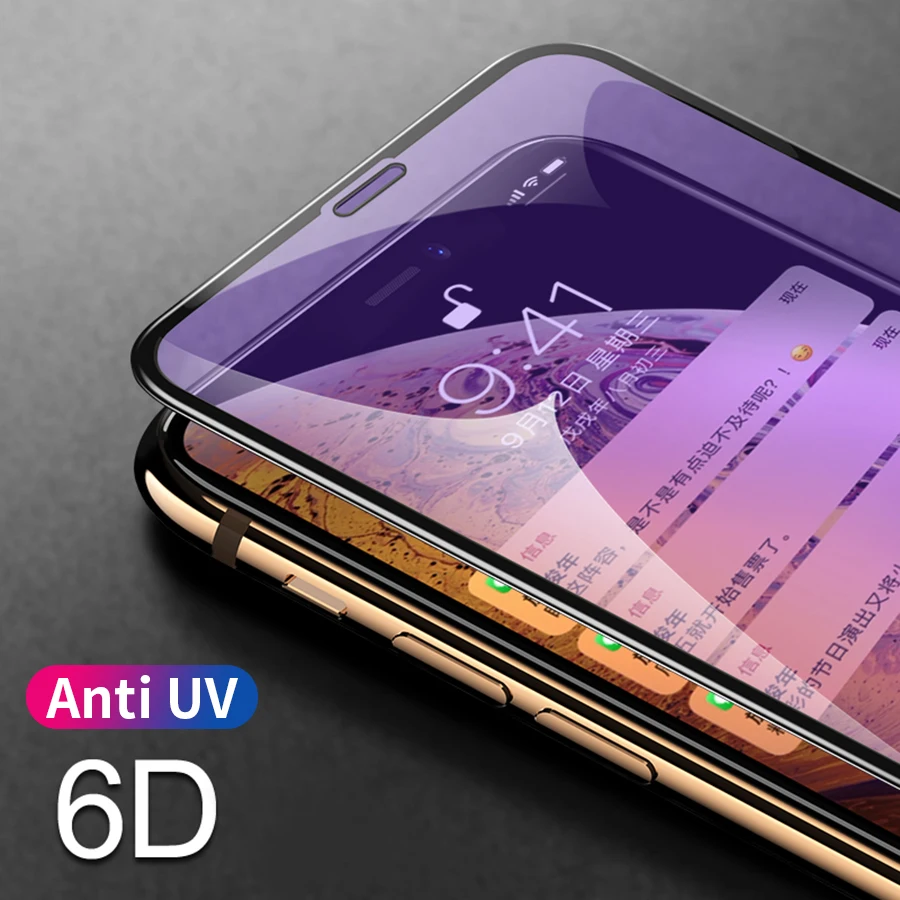 6D полное покрытие закаленное стекло для iPhone X XS Max XR 6 S 7 8 Plus Anti UV синий свет полный