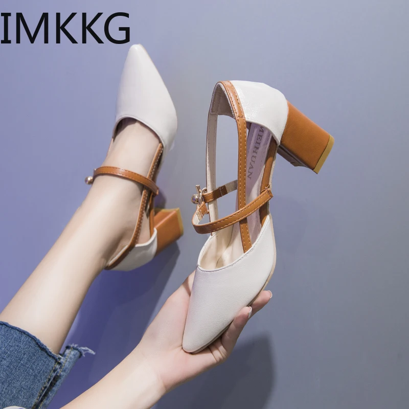 2019 spring hollow coarse sandals high-heeled shallow mouth pointed baotou shoes women Female sexy high heels S80140 | Обувь