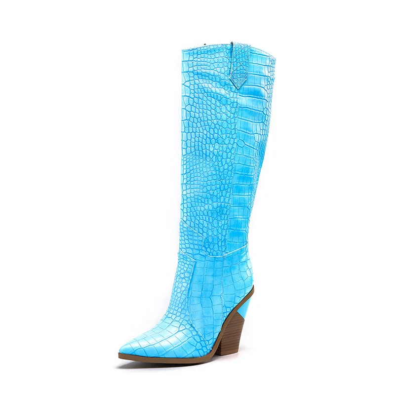 WETKISS Plus Size 46 Knee High Western Boots Women Cowboy Boot Female Pointed Toe Sexy Shoes 11 Colors High Heels Shoes Winter - Цвет: blue