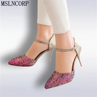 plus size 34 48 new summer sexy bling sandals pointed toe party high heels shoes woman pointed toe buckle wedding shoes stiletto