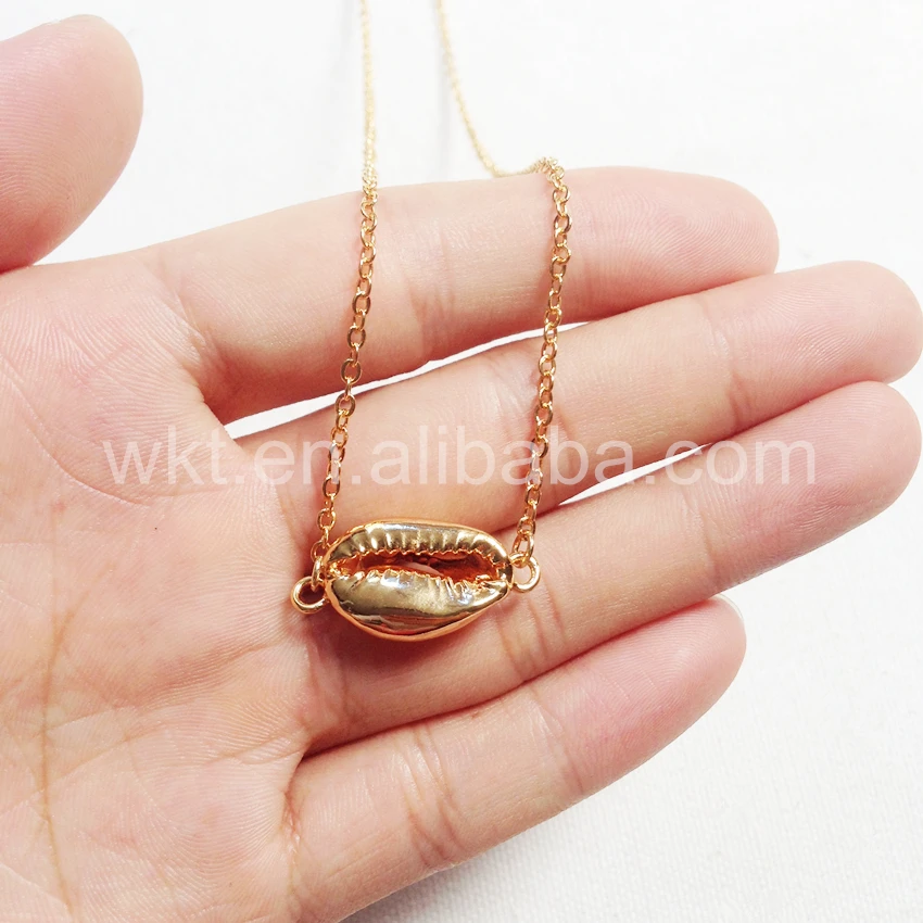 

WT-JN016 Fashion gold Double Bails Pendant Necklace natural cowrie shell connector in gold electroplated shell