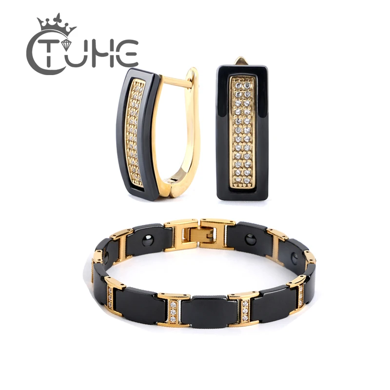 

Gold Color CZ Crystal Bridal Jewelry Sets African Beads Rhinestone Wedding Ceramic Earrings Bracelet Sets For Women Jewelry Gift