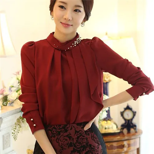 Женская шифоновая блузка с воротником-стойкой и бусинами элегантная однотонная