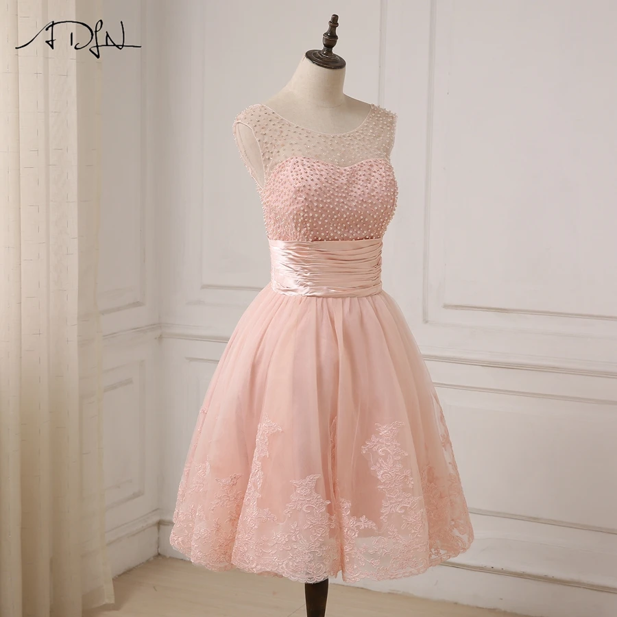 ADLN Cheap Pink Cocktail Dresses Cap Sleeve Applique Pearls Girls Short Party Gowns Zipper Up Back Customized Deisgner|short party gowns|pink