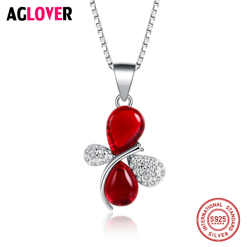 

925 Sterling Silver Woman Necklace AAA Red Crystal Butterfly Pendant Necklace Female Charm Jewelry