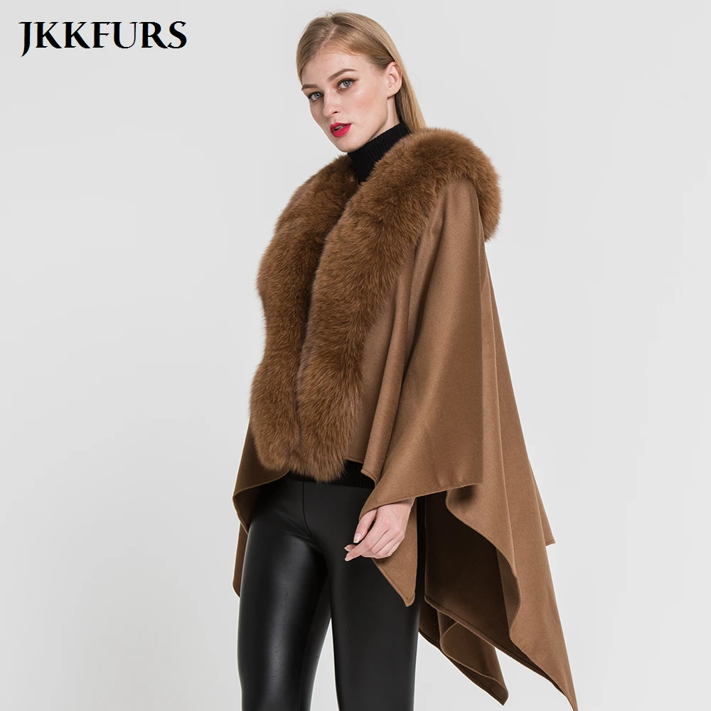 JKKFURS 2021 New Women's Poncho Genuine Fox Fur Collar Trim & Wool Cape Fashion Style Top Quality Winter Warm Coat S7357