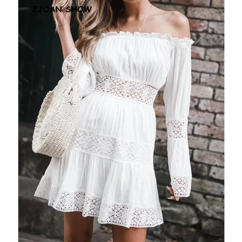 Женское кружевное мини-платье Белое Облегающее Платье с вырезом лодочкой и