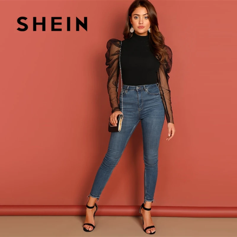 SHEIN Приталенный Топ С Высоким Воротником И Оригинальным Рукавом Женская Летняя Черная Элегантная Блузка С Длинными Рукавами