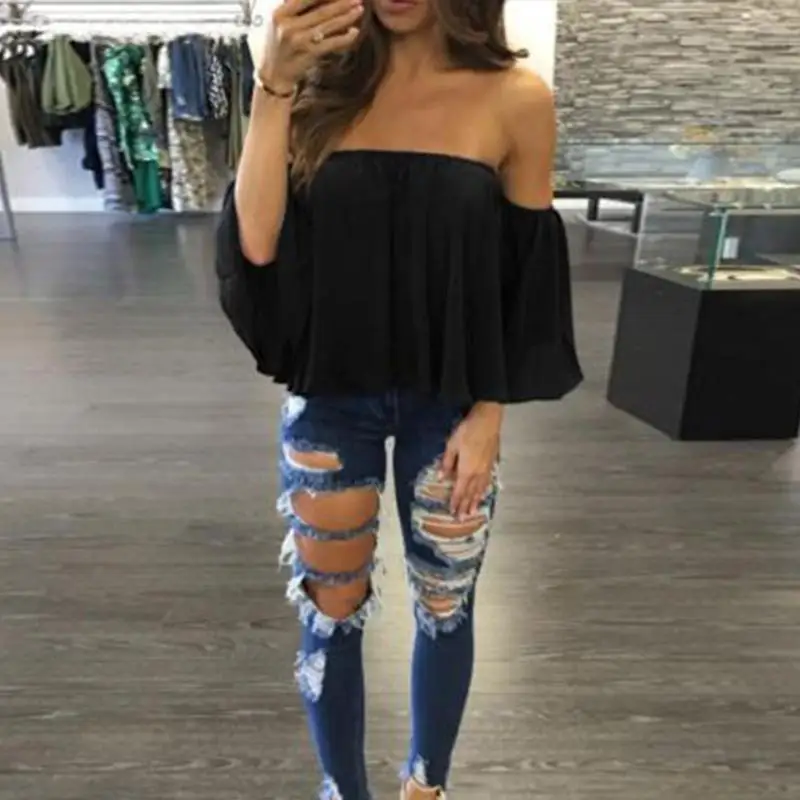 Летние Blusas mujer пикантные с плеча бабочки рукавом Для женщин Бохо шифоновые